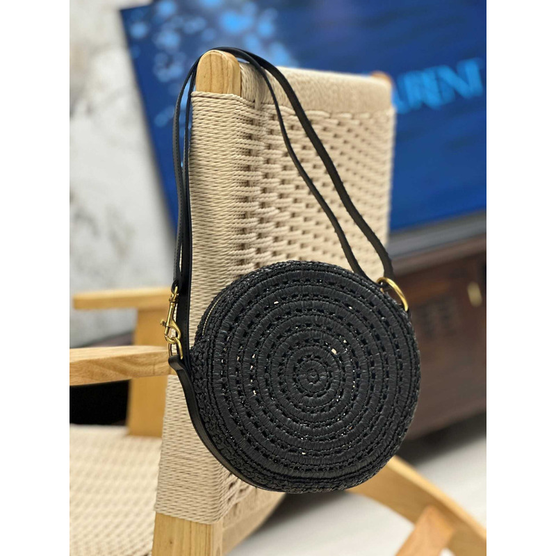 Saint Laurent Round Raffia Shoulder Bag Black