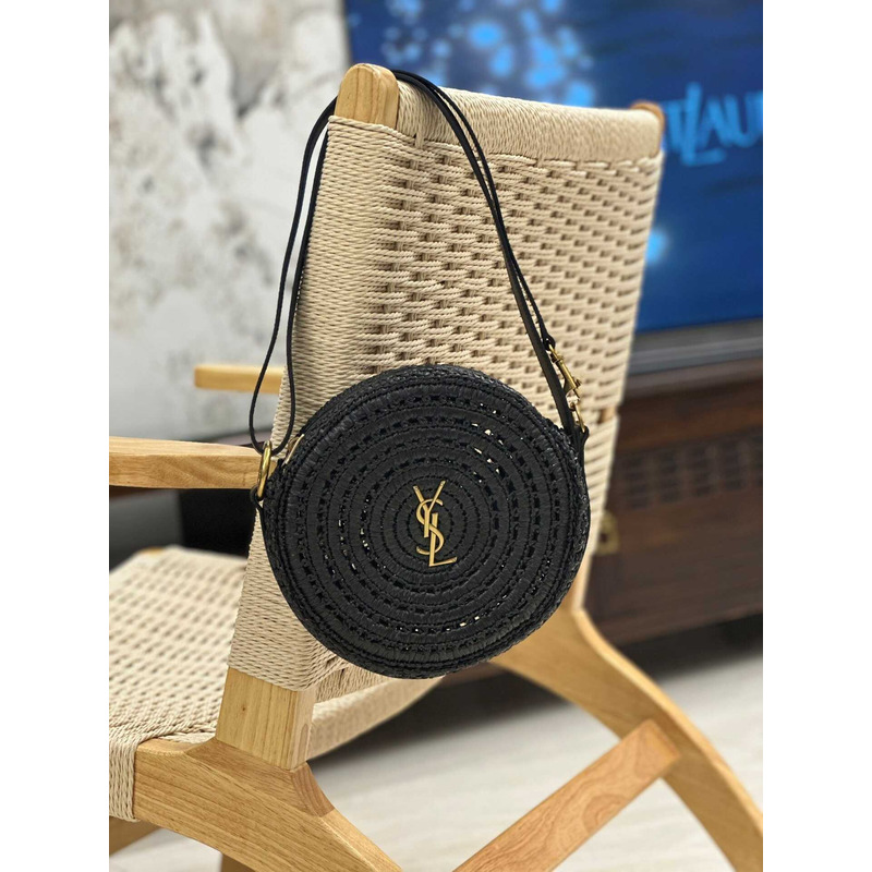 Saint Laurent Round Raffia Shoulder Bag Black