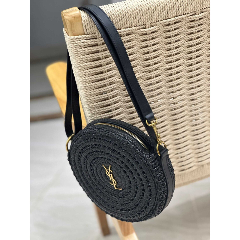 Saint Laurent Round Raffia Shoulder Bag Black