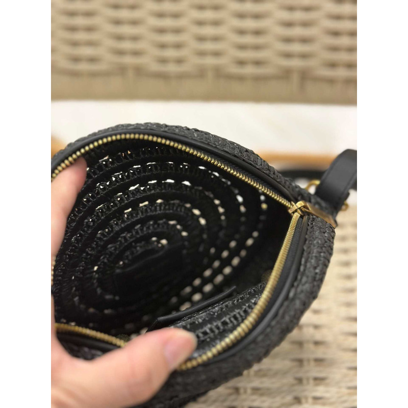 Saint Laurent Round Raffia Shoulder Bag Black