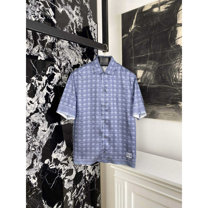 D*or cannage short-sleeved shirt  blue silk twill