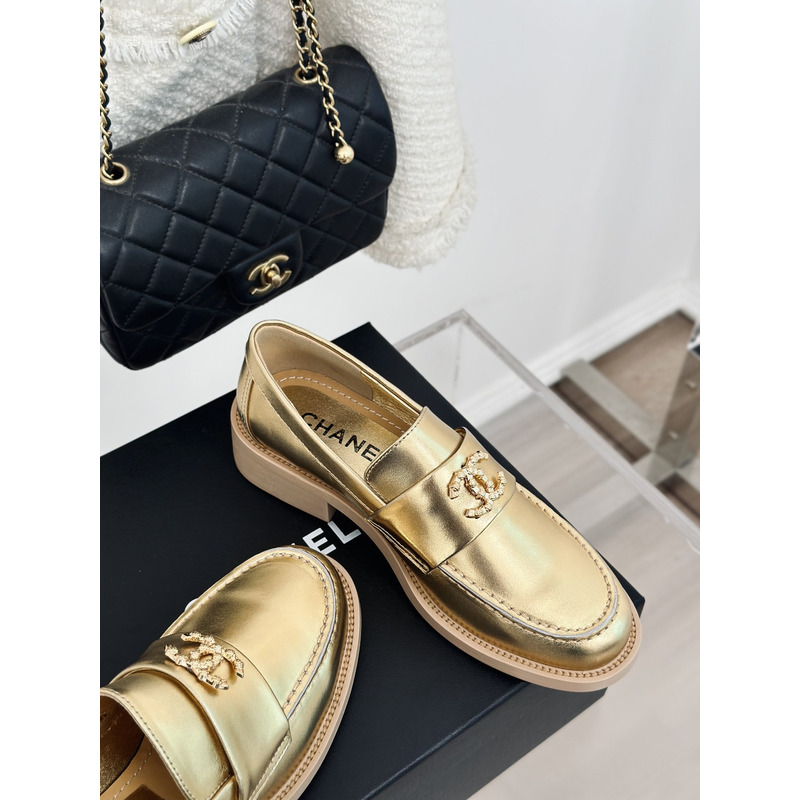 Ch*el moccasins laminated lambskin & metal gold