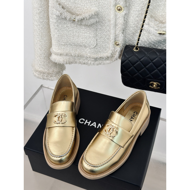 Ch*el moccasins laminated lambskin & metal gold