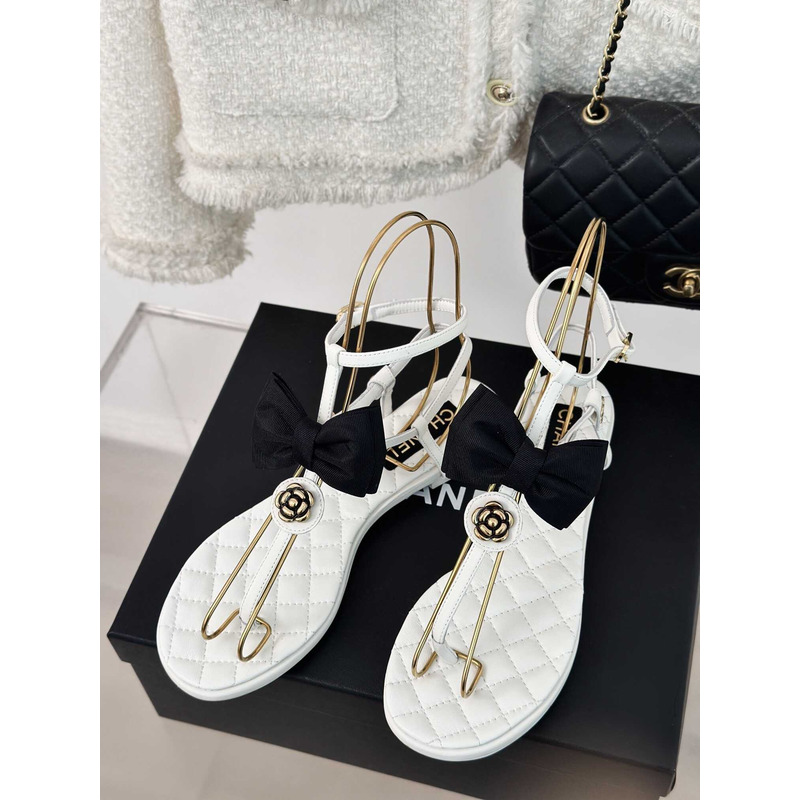 Ch*el leather bow sandals white