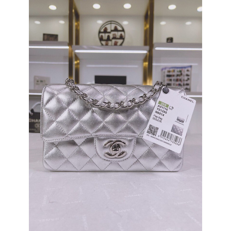 Ch*el metallic lambskin quilted mini rectangular flap silver