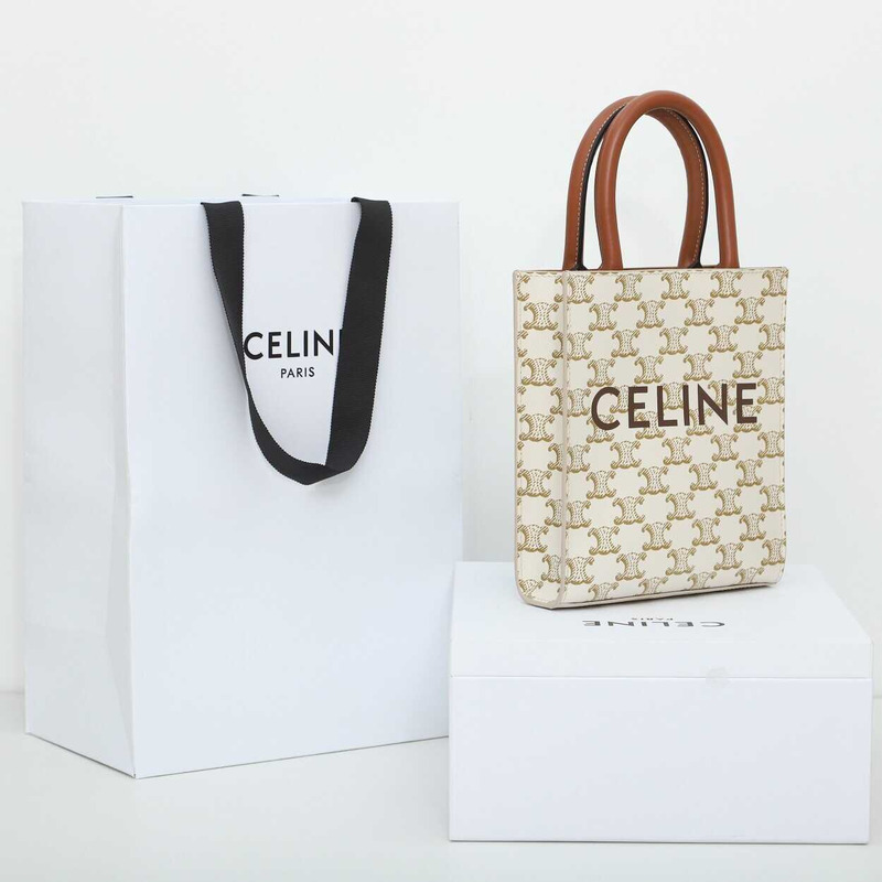 Ce**e vertical cabas triomphe canvas and calf leather with Ce**e printed mini tote bag