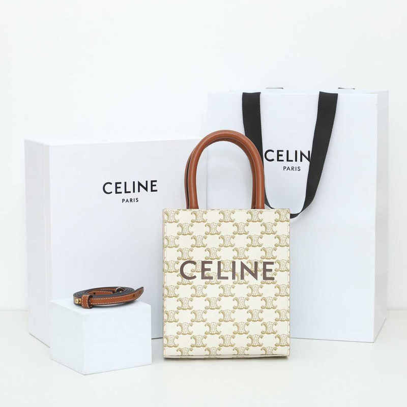 Ce**e vertical cabas triomphe canvas and calf leather with Ce**e printed mini tote bag