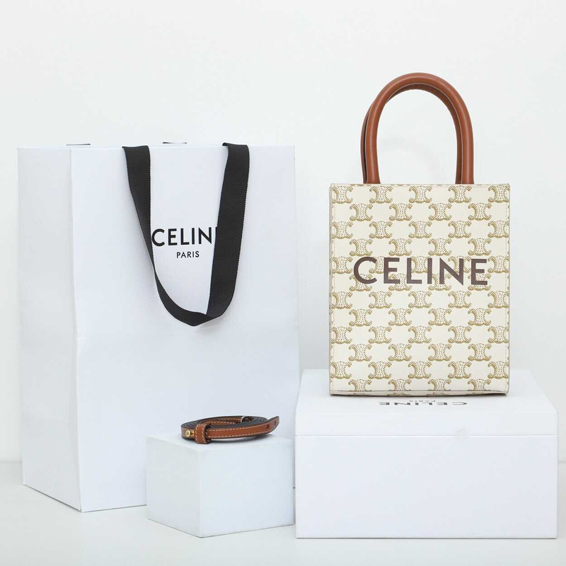 Ce**e vertical cabas triomphe canvas and calf leather with Ce**e printed mini tote bag