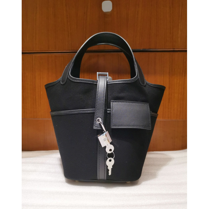 H**mes nior black canvas picotin lock cargo 18 handbag b scale