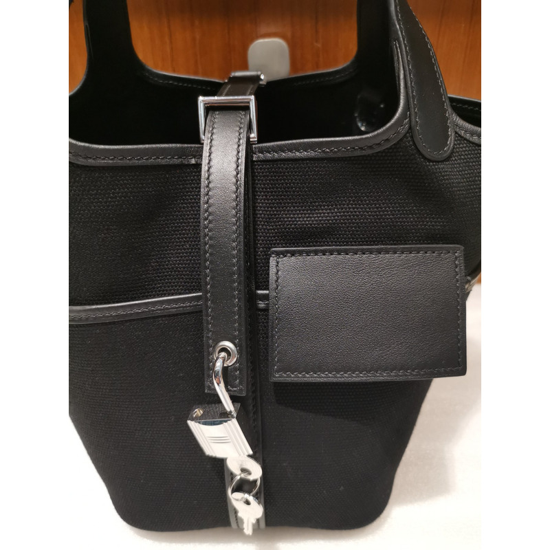 H**mes nior black canvas picotin lock cargo 18 handbag b scale