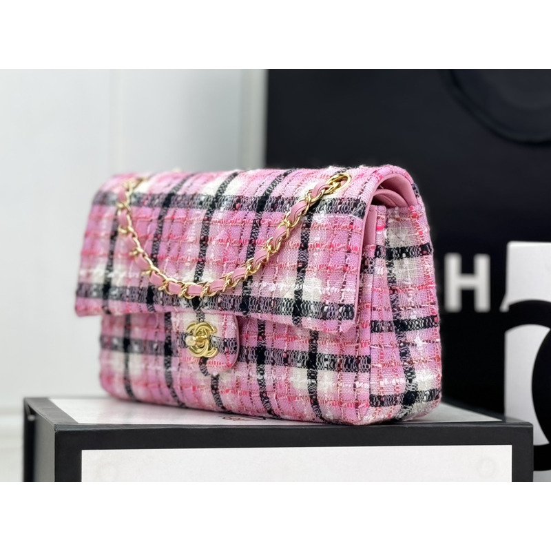 Ch*el classic handbag cotton & wool tweed & gold-tone metal pink, navy blue & white