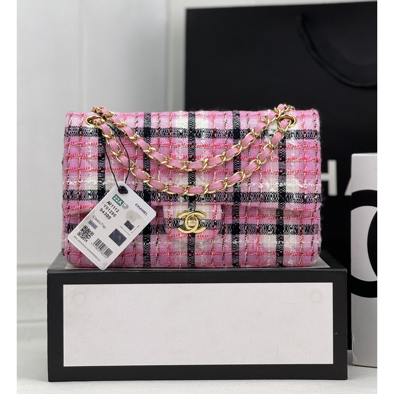 Ch*el classic handbag cotton & wool tweed & gold-tone metal pink, navy blue & white