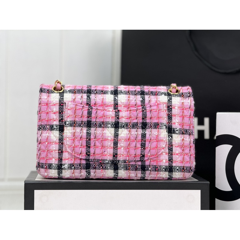 Ch*el classic handbag cotton & wool tweed & gold-tone metal pink, navy blue & white