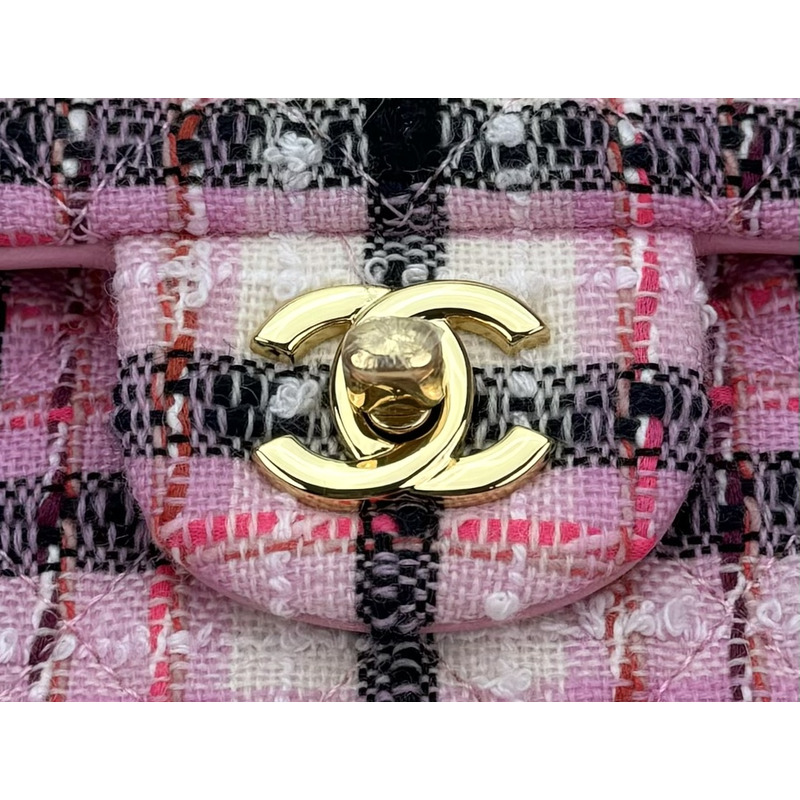 Ch*el classic handbag cotton & wool tweed & gold-tone metal pink, navy blue & white