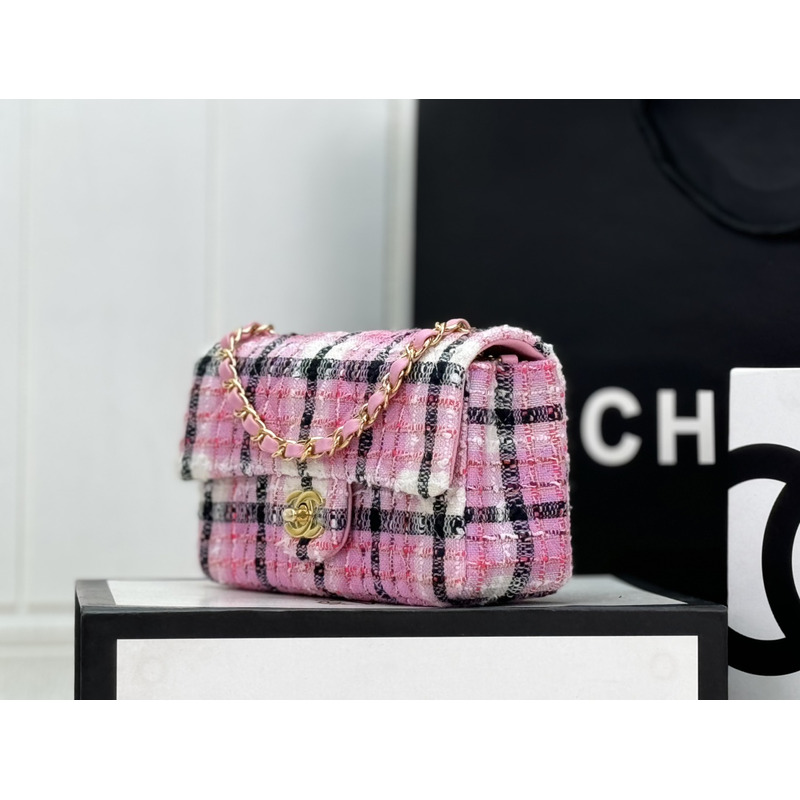 Ch*el mini classic handbag cotton & wool tweed & gold-tone metal pink, navy blue & white