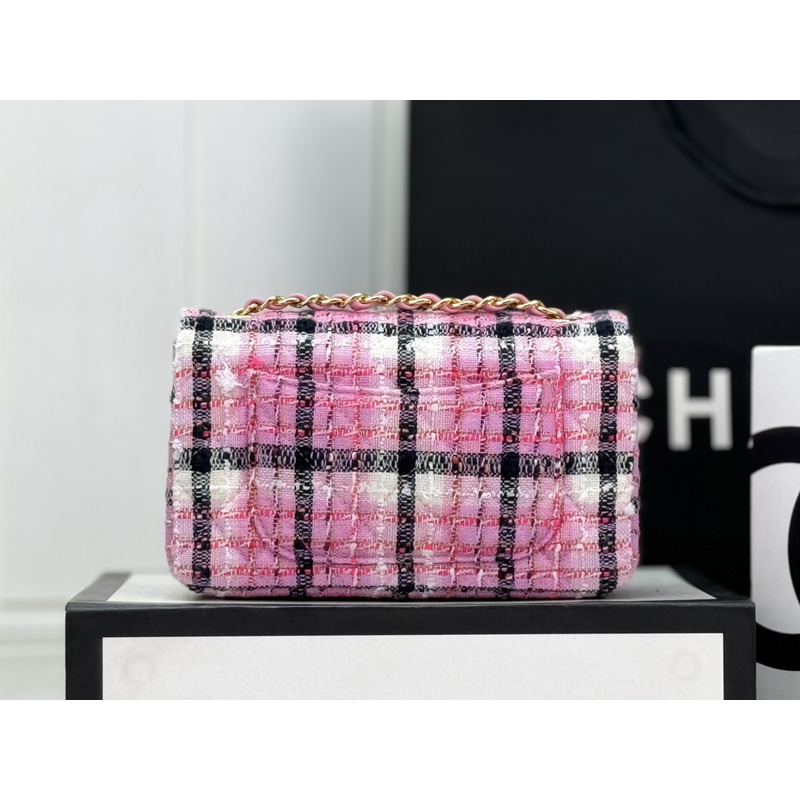 Ch*el mini classic handbag cotton & wool tweed & gold-tone metal pink, navy blue & white