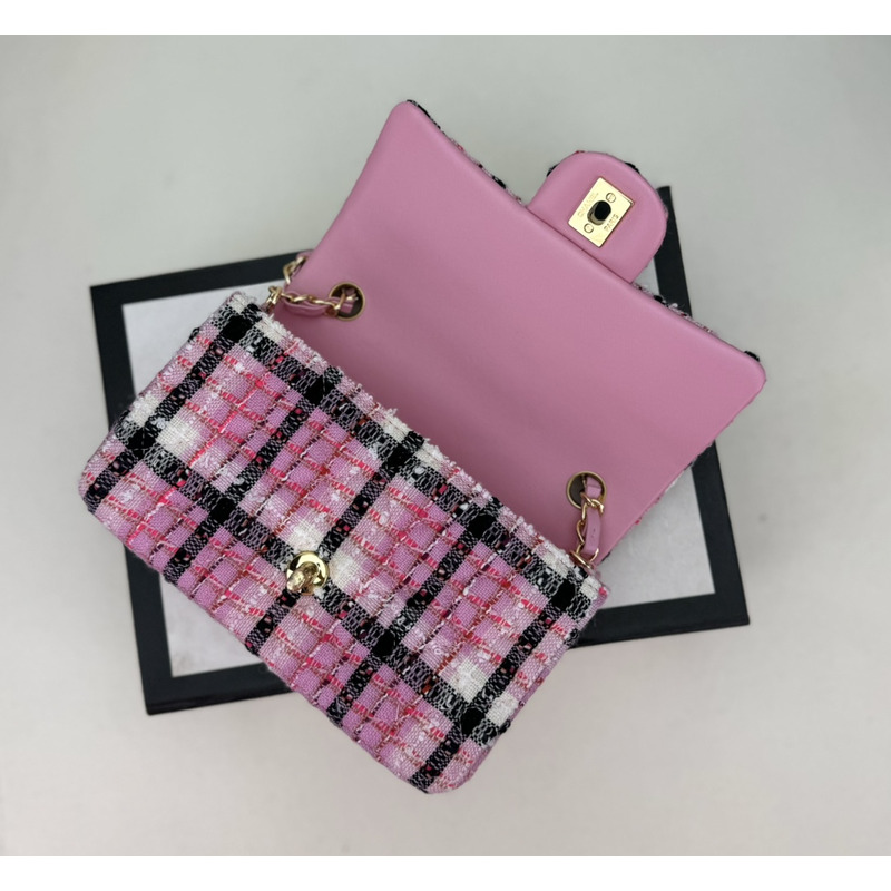 Ch*el mini classic handbag cotton & wool tweed & gold-tone metal pink, navy blue & white