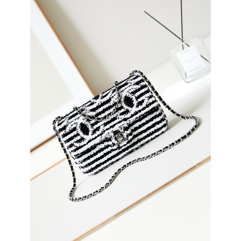 Ch*el small flap bag sequins black & white