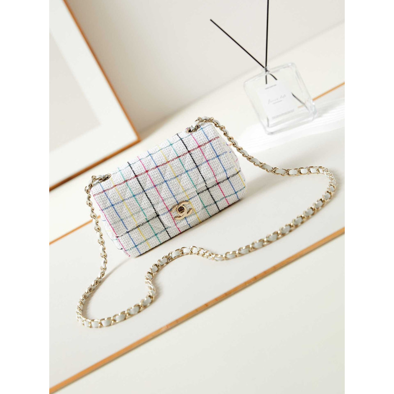 Ch*el mini classic bag cotton, wool tweed & gold-tone metal white