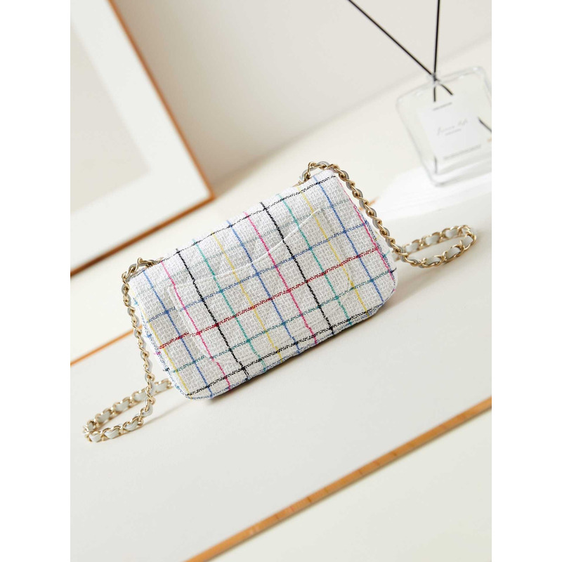 Ch*el mini classic bag cotton, wool tweed & gold-tone metal white