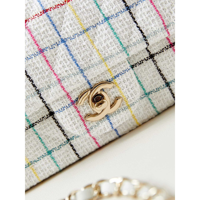 Ch*el mini classic bag cotton, wool tweed & gold-tone metal white