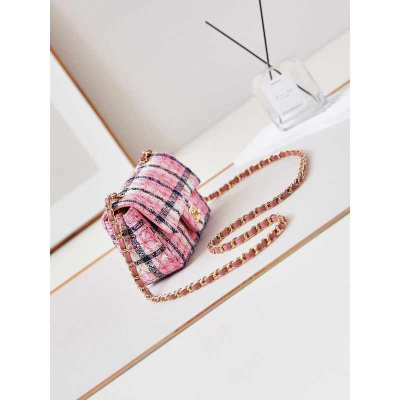 Ch*el mini classic bag cotton, wool tweed & gold-tone metal pink