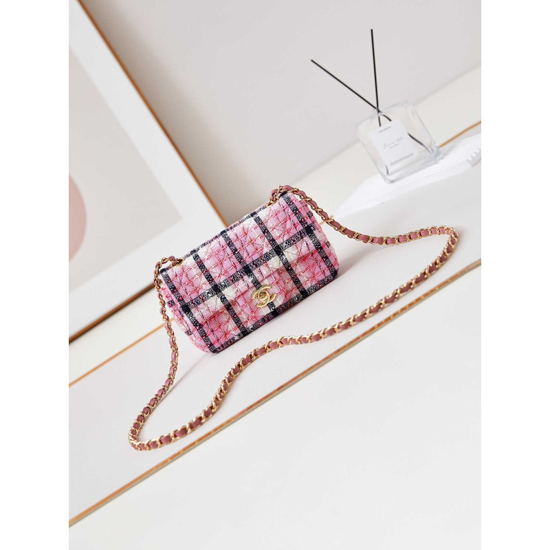 Ch*el mini classic bag cotton, wool tweed & gold-tone metal pink