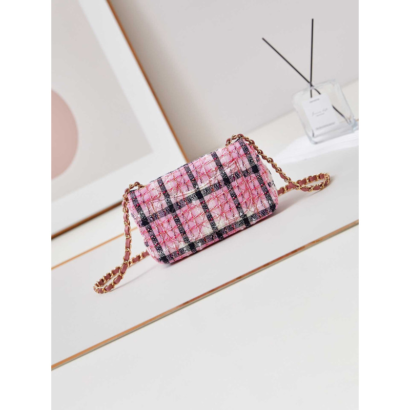 Ch*el mini classic bag cotton, wool tweed & gold-tone metal pink