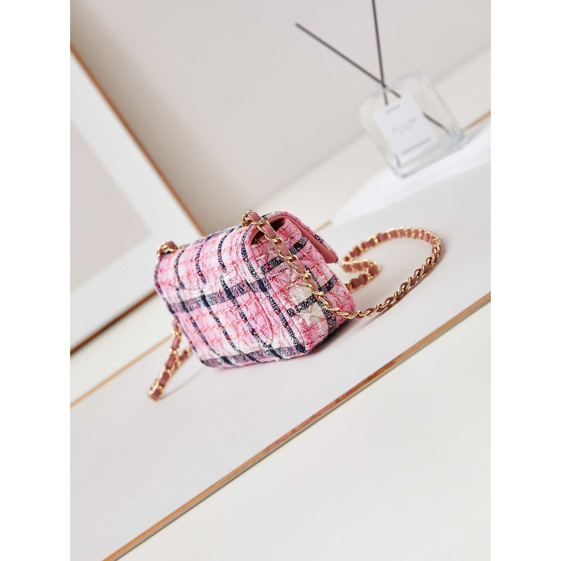 Ch*el mini classic bag cotton, wool tweed & gold-tone metal pink