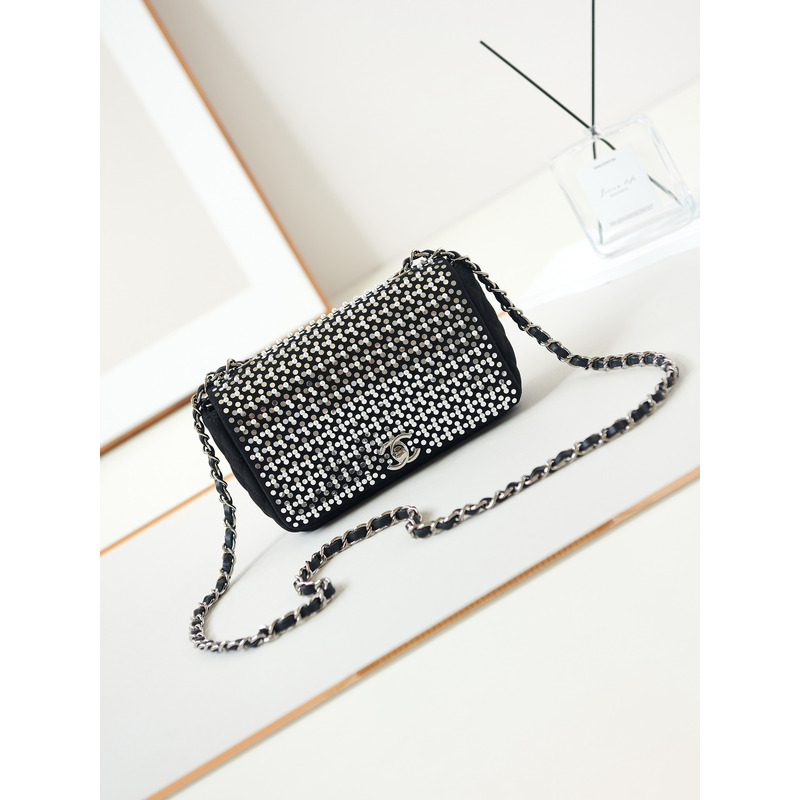 Ch*el mini flap bag velvet, imitation pearls, sequins & silver-tone metal black