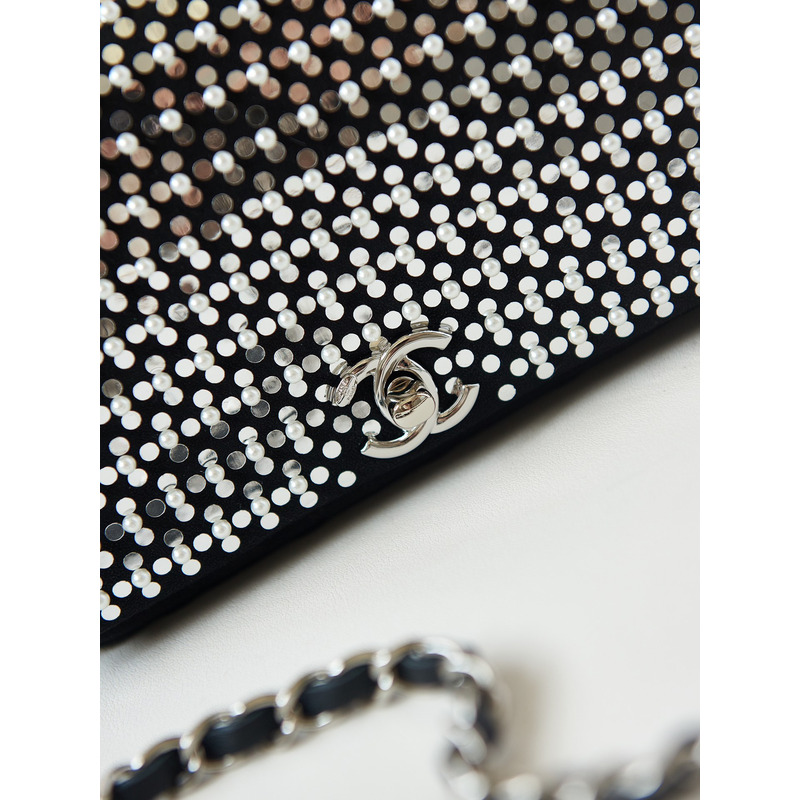 Ch*el mini flap bag velvet, imitation pearls, sequins & silver-tone metal black