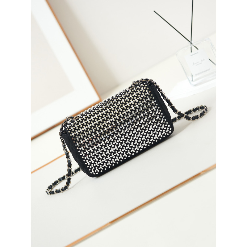 Ch*el mini flap bag velvet, imitation pearls, sequins & silver-tone metal black