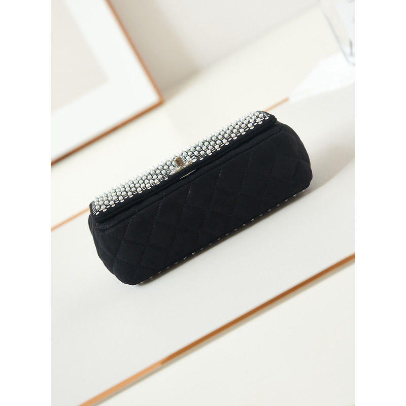 Ch*el mini flap bag velvet, imitation pearls, sequins & silver-tone metal black