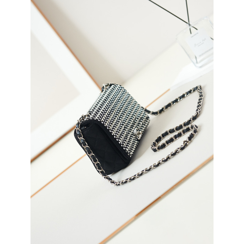 Ch*el mini flap bag velvet, imitation pearls, sequins & silver-tone metal black