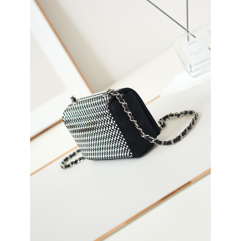 Ch*el mini flap bag velvet, imitation pearls, sequins & silver-tone metal black