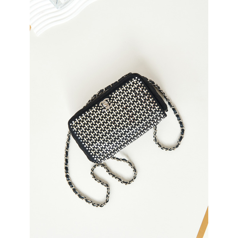 Ch*el mini flap bag velvet, imitation pearls, sequins & silver-tone metal black