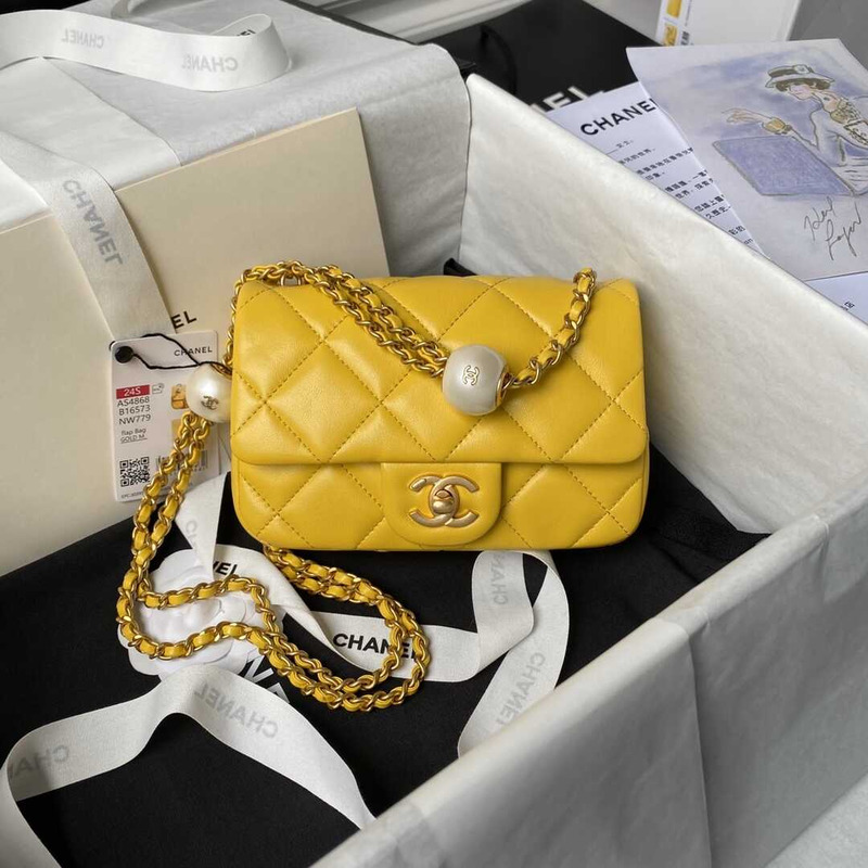 Ch*el mini flap bag lambskin imitation pearls & gold metal yellow