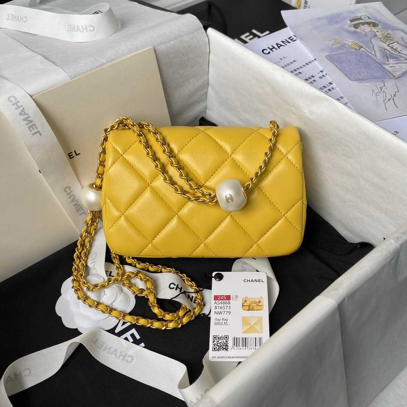 Ch*el mini flap bag lambskin imitation pearls & gold metal yellow