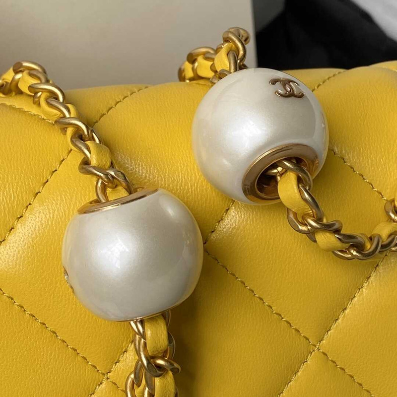 Ch*el mini flap bag lambskin imitation pearls & gold metal yellow