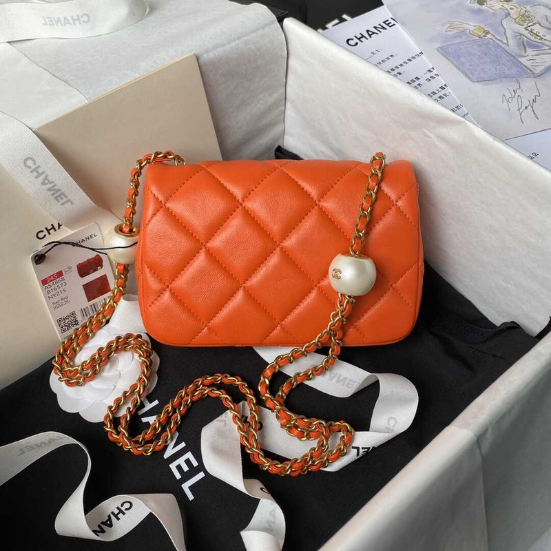 Ch*el mini flap bag lambskin imitation pearls & gold metal orange