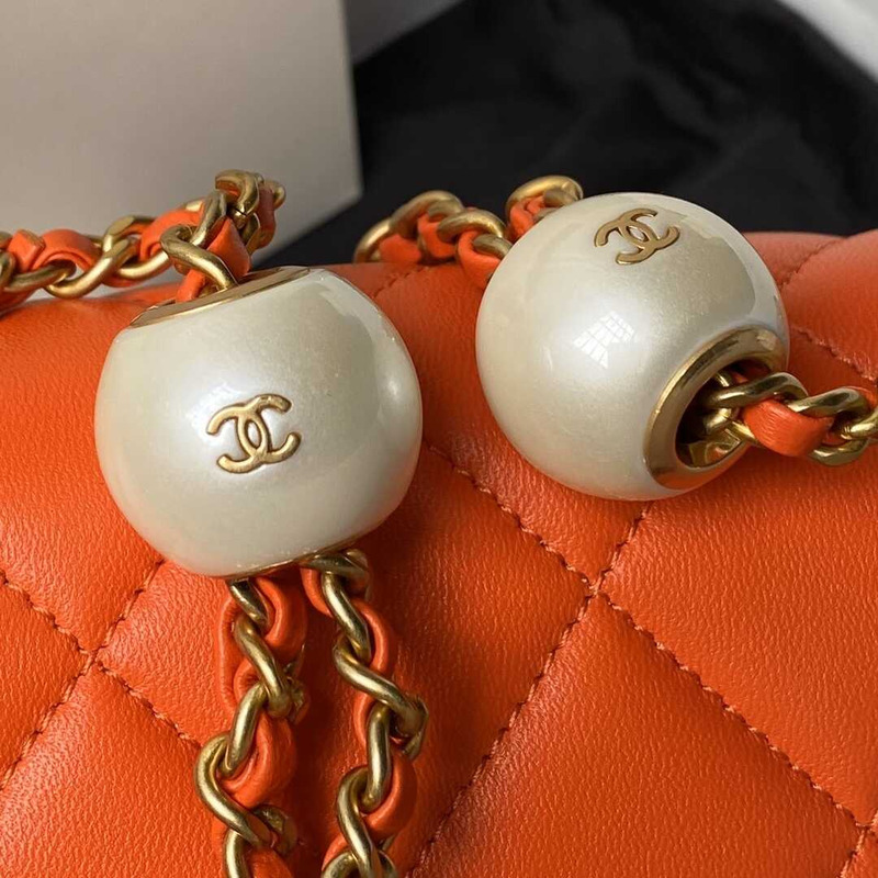 Ch*el mini flap bag lambskin imitation pearls & gold metal orange