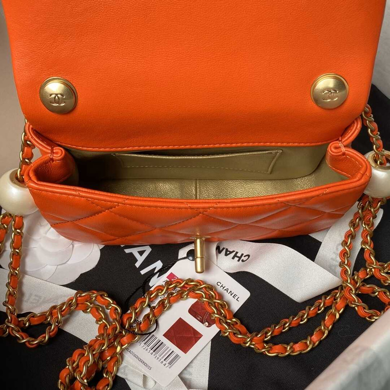 Ch*el mini flap bag lambskin imitation pearls & gold metal orange