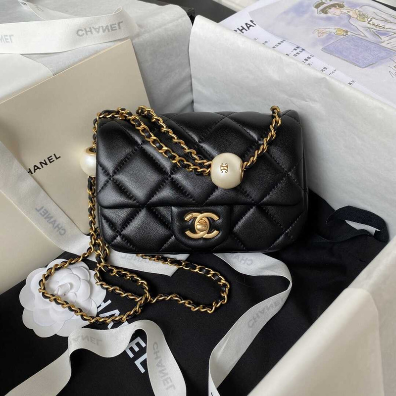 Ch*el mini flap bag lambskin imitation pearls & gold metal black