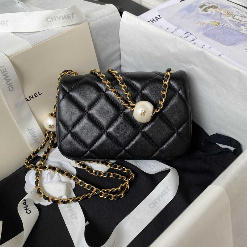 Ch*el mini flap bag lambskin imitation pearls & gold metal black