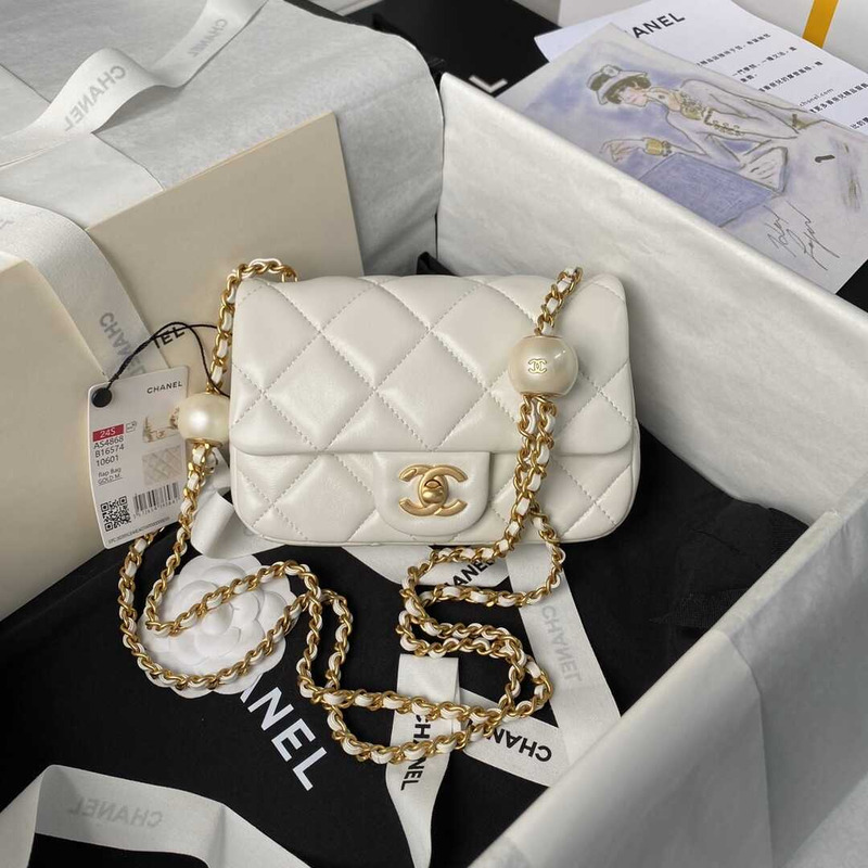 Ch*el mini flap bag lambskin imitation pearls & gold metal white