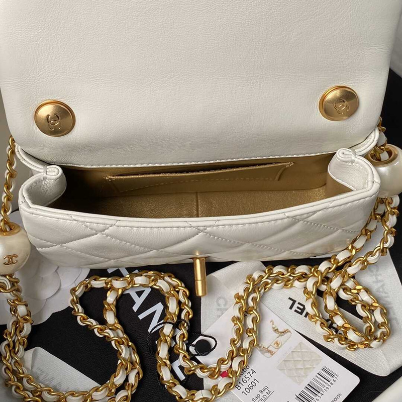 Ch*el mini flap bag lambskin imitation pearls & gold metal white