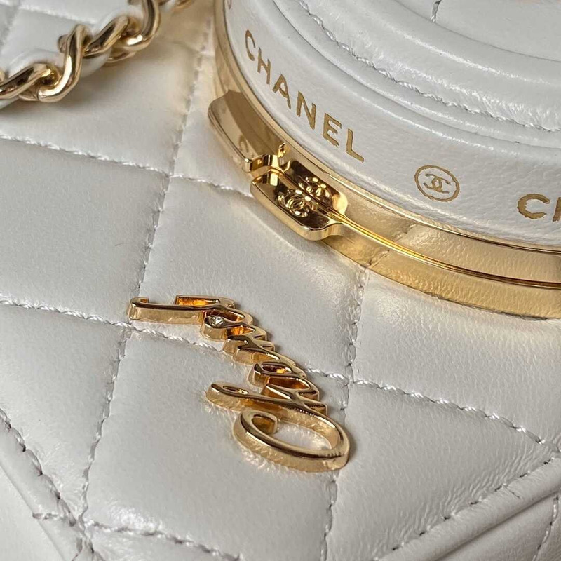 Ch*el camera bag lambskin & gold-tone metal white