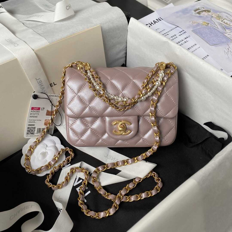 Ch*el mini flap bag shiny lambskin, imitation pearls & gold-tone metal