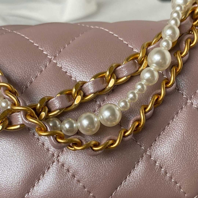 Ch*el mini flap bag shiny lambskin, imitation pearls & gold-tone metal