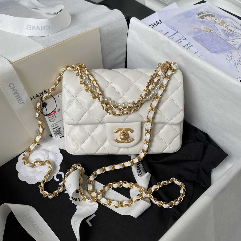 Ch*el mini flap bag shiny lambskin, imitation pearls & gold-tone metal white